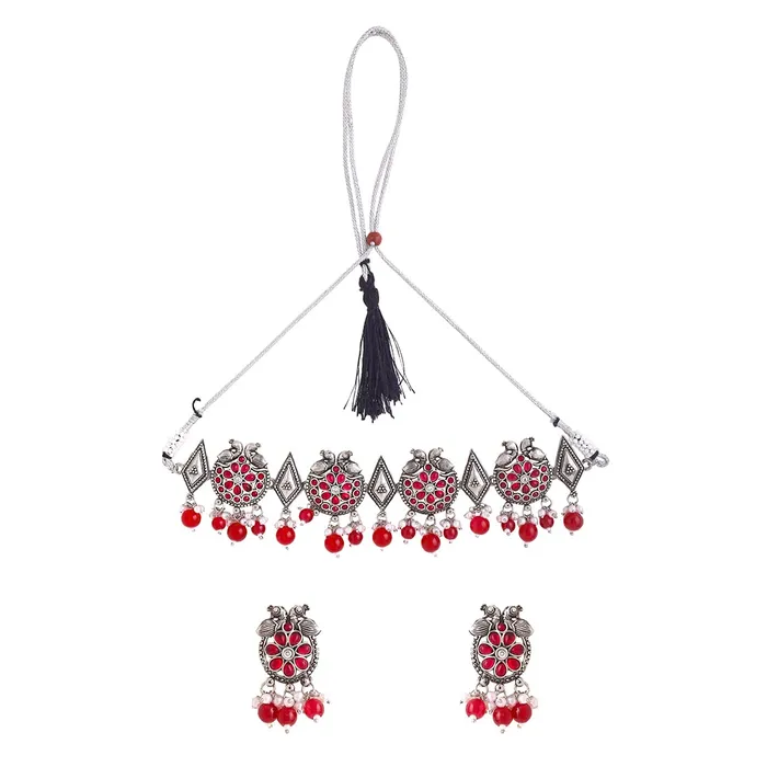 Yellow Chimes Jewellery Set for Women and Girls Choker Set for Women Silver Tone Red Beads Drop Choker Necklace Set for Women Birthday Gift For Girls and Women Anniversary Gift for Wife Yellow Chimes Earrings