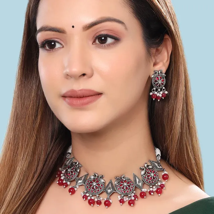 Yellow Chimes Jewellery Set for Women and Girls Choker Set for Women Silver Tone Red Beads Drop Choker Necklace Set for Women Birthday Gift For Girls and Women Anniversary Gift for Wife Yellow Chimes Earrings
