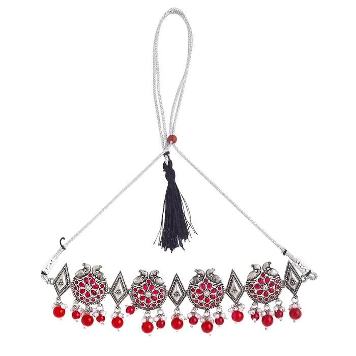 Yellow Chimes Jewellery Set for Women and Girls Choker Set for Women Silver Tone Red Beads Drop Choker Necklace Set for Women Birthday Gift For Girls and Women Anniversary Gift for Wife Yellow Chimes Earrings