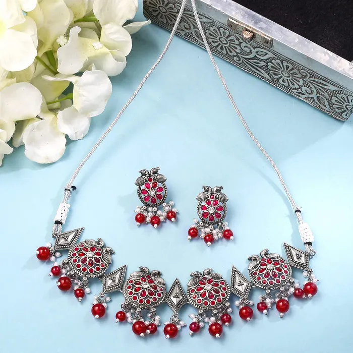 Yellow Chimes Jewellery Set for Women and Girls Choker Set for Women Silver Tone Red Beads Drop Choker Necklace Set for Women Birthday Gift For Girls and Women Anniversary Gift for Wife Yellow Chimes Earrings