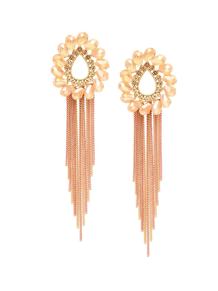 Yellow Chimes Necklaces Yellow Chimes Crystal Danglers Earrings for Women Tear Drop Shaped Crystal Peach Long Chain Dangler Earrings for Women and Girls