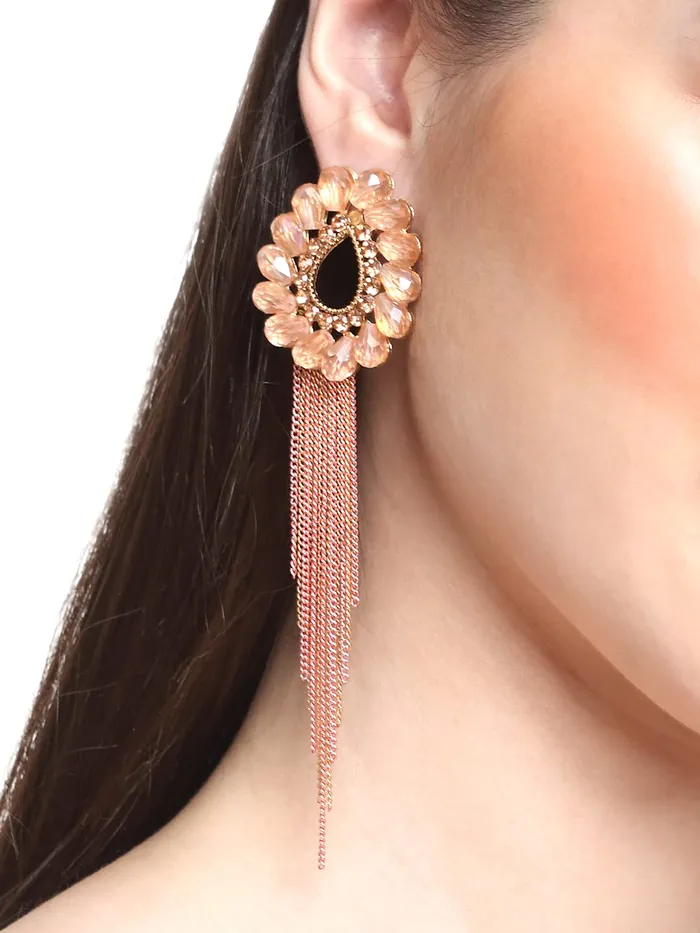 Yellow Chimes Necklaces Yellow Chimes Crystal Danglers Earrings for Women Tear Drop Shaped Crystal Peach Long Chain Dangler Earrings for Women and Girls