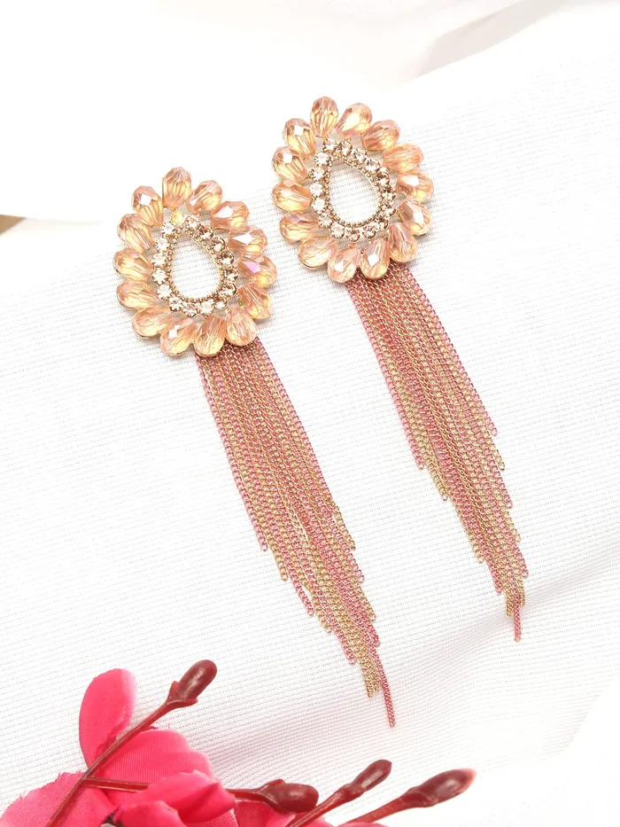 Yellow Chimes Necklaces Yellow Chimes Crystal Danglers Earrings for Women Tear Drop Shaped Crystal Peach Long Chain Dangler Earrings for Women and Girls