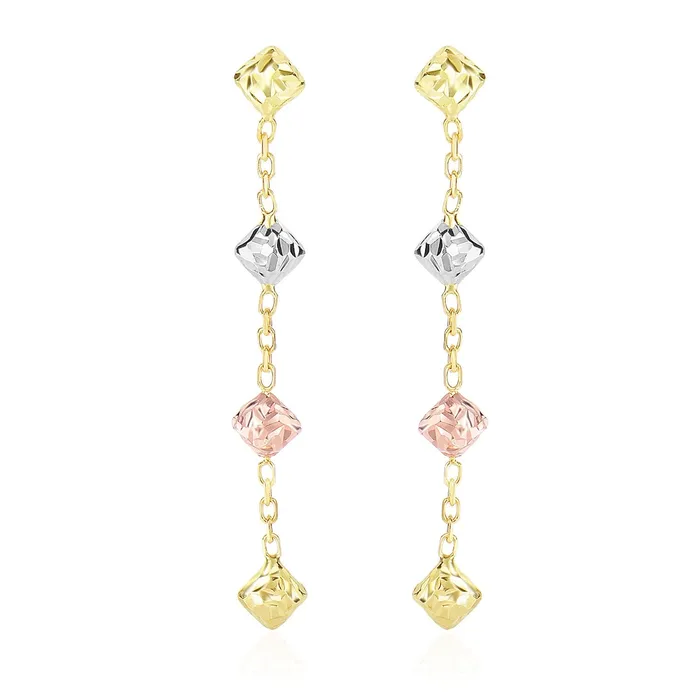 MayaMila Earrings 14k TriColor Gold Diamond Shape with Diamond Cuts Chain Dangling Earrings MayaMila Earrings 14k TriColor Gold Diamond Shape with Diamond Cuts Chain Dangling Earrings