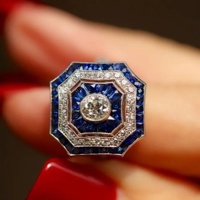 Rings Shineofdiamond Vintage Art Deco Halo Oval Cut White Blue Engagement Ring in Sterling Silver