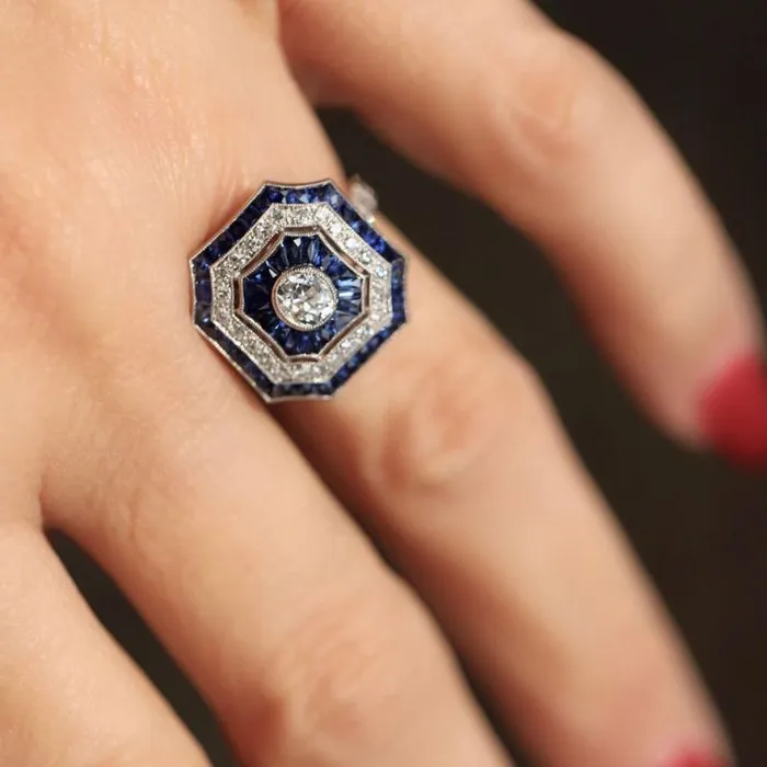 Rings Shineofdiamond Vintage Art Deco Halo Oval Cut White Blue Engagement Ring in Sterling Silver