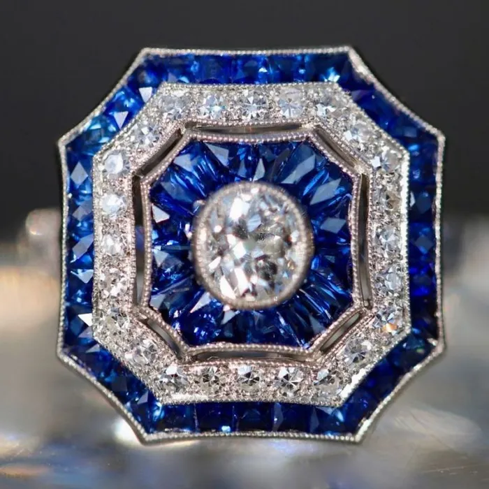 Rings Shineofdiamond Vintage Art Deco Halo Oval Cut White Blue Engagement Ring in Sterling Silver