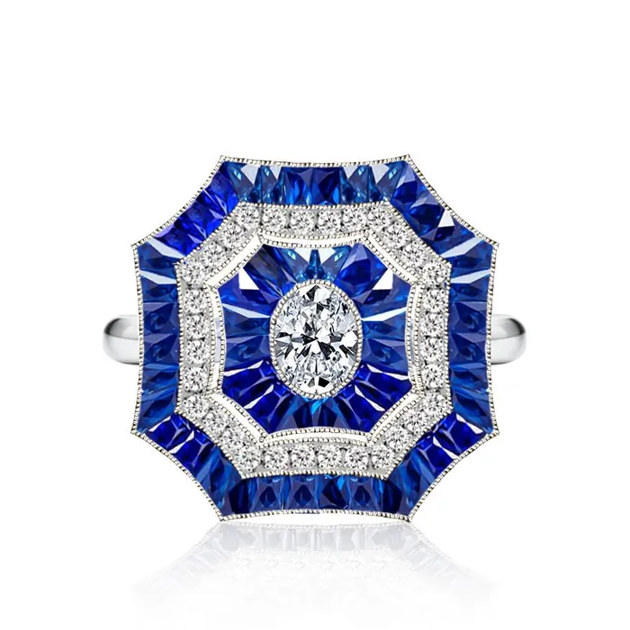 Rings Shineofdiamond Vintage Art Deco Halo Oval Cut White Blue Engagement Ring in Sterling Silver