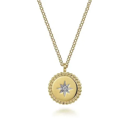 14K Yellow Gold Bujukan Medallion Necklace with Starburst Diamond Center GABRIEL CO Necklaces 14K Yellow Gold Bujukan Medallion Necklace with Starburst Diamond Center GABRIEL CO Necklaces