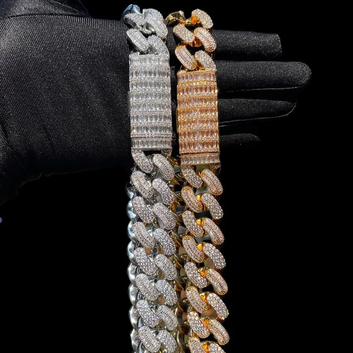20MM Stones and Baguette Cuban Link Iced Out Diamond Necklace Chain Stones and Baguette Necklaces