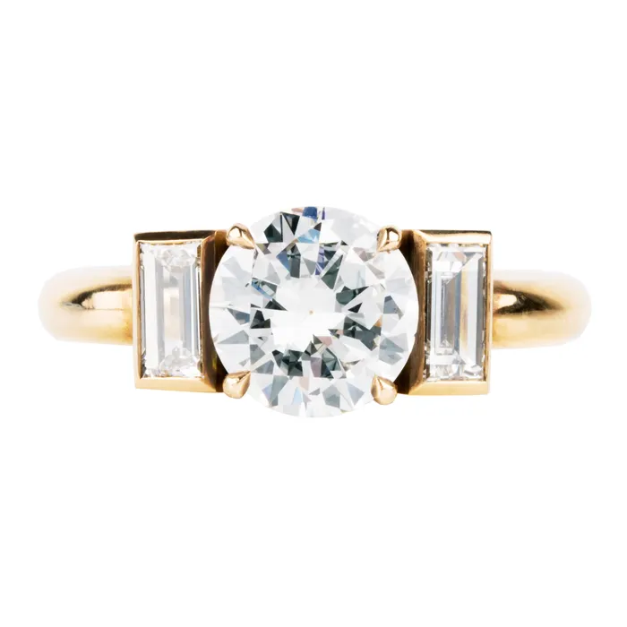 Bell Bird In House Bell Bird Round Brilliant Cut Diamond with Vertical Baguette Rings Bell Bird In House Bell Bird Round Brilliant Cut Diamond with Vertical Baguette Rings