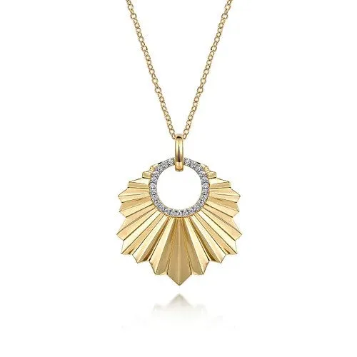 GABRIEL CO Necklaces 14K Yellow Gold Diamond Necklace With Diamond Cut Texture In Leaf Shape