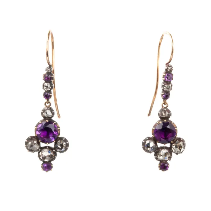 Georgian Era Rose Cut Diamond and Amethyst Earrings Bell Bird Antiques Earrings Georgian Era Rose Cut Diamond and Amethyst Earrings Bell Bird Antiques Earrings