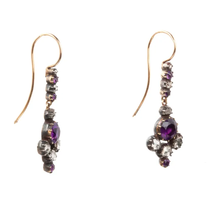 Georgian Era Rose Cut Diamond and Amethyst Earrings Bell Bird Antiques Earrings