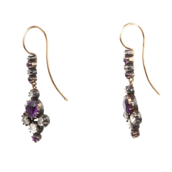 Georgian Era Rose Cut Diamond and Amethyst Earrings Bell Bird Antiques Earrings