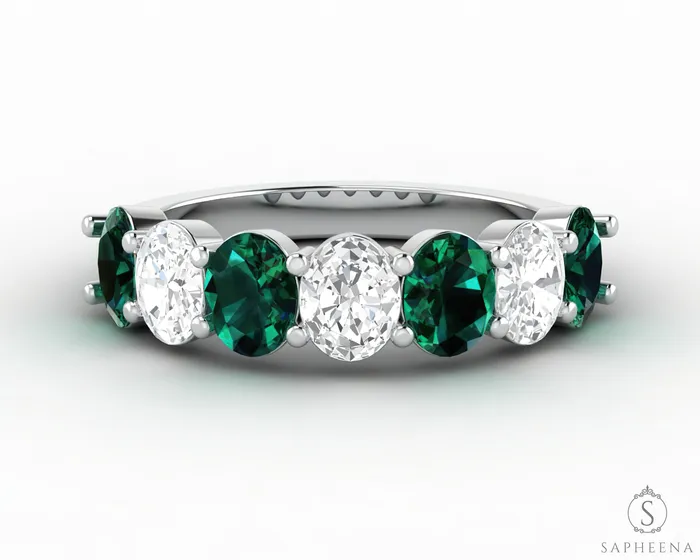 Rings Sapheena Jewelry Ivy 25 Ct Oval Cut Moissanite and Green Emerald Half Eternity Wedding Band Rings Sapheena Jewelry Ivy 25 Ct Oval Cut Moissanite and Green Emerald Half Eternity Wedding Band