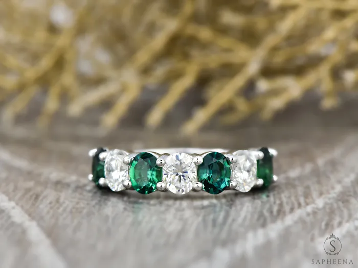 Rings Sapheena Jewelry Ivy 25 Ct Oval Cut Moissanite and Green Emerald Half Eternity Wedding Band
