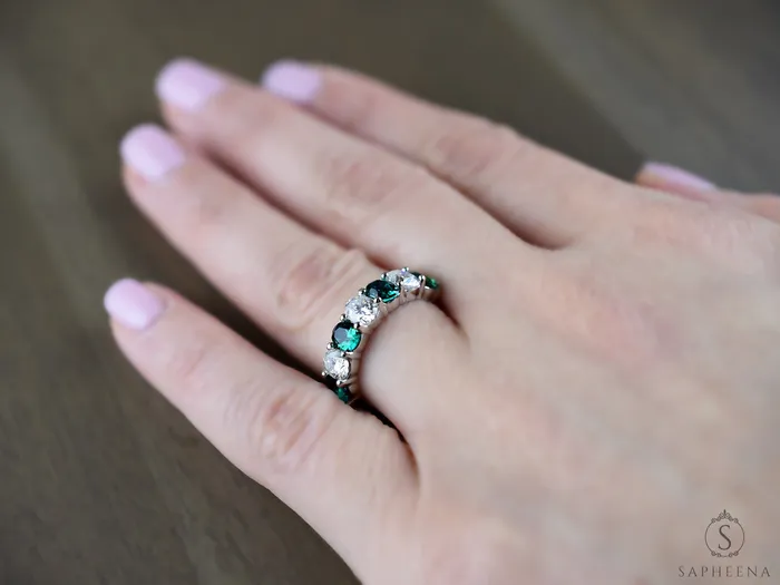 Rings Sapheena Jewelry Ivy 25 Ct Oval Cut Moissanite and Green Emerald Half Eternity Wedding Band