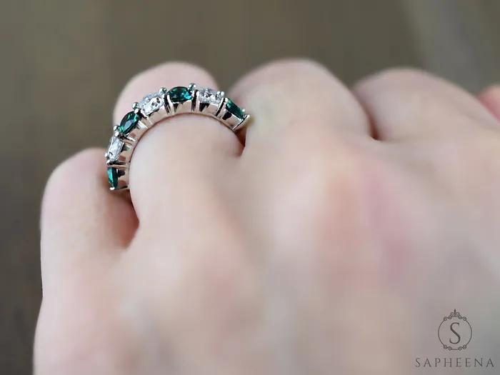 Rings Sapheena Jewelry Ivy 25 Ct Oval Cut Moissanite and Green Emerald Half Eternity Wedding Band