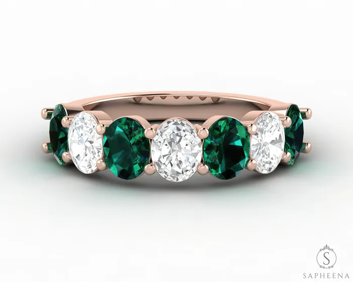Rings Sapheena Jewelry Ivy 25 Ct Oval Cut Moissanite and Green Emerald Half Eternity Wedding Band