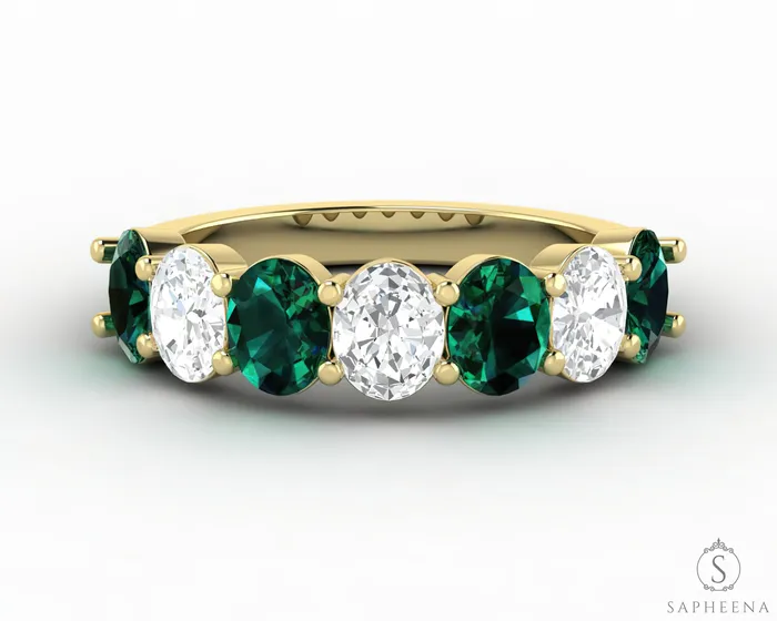 Rings Sapheena Jewelry Ivy 25 Ct Oval Cut Moissanite and Green Emerald Half Eternity Wedding Band