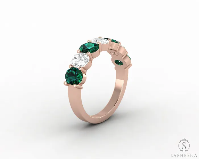 Rings Sapheena Jewelry Ivy 25 Ct Oval Cut Moissanite and Green Emerald Half Eternity Wedding Band