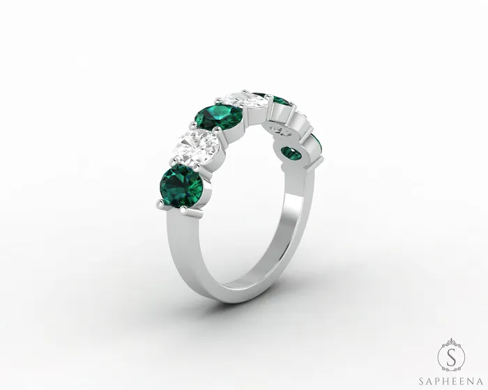 Rings Sapheena Jewelry Ivy 25 Ct Oval Cut Moissanite and Green Emerald Half Eternity Wedding Band