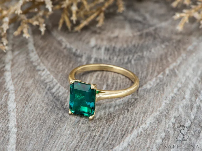 Rings Sapheena Jewelry Lilian 20 Ct Solitaire Emerald Cut Green Emerald Engagement Ring