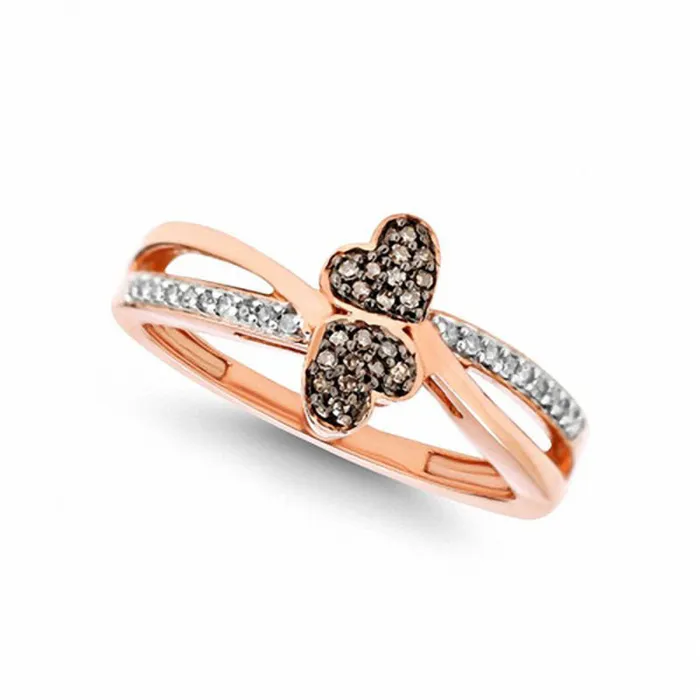 010 CT TW Champagne and White Natural Diamond Double Heart Bypass Ring in Solid 10K Rose Gold Goldia Rings 010 CT TW Champagne and White Natural Diamond Double Heart Bypass Ring in Solid 10K Rose Gold Goldia Rings