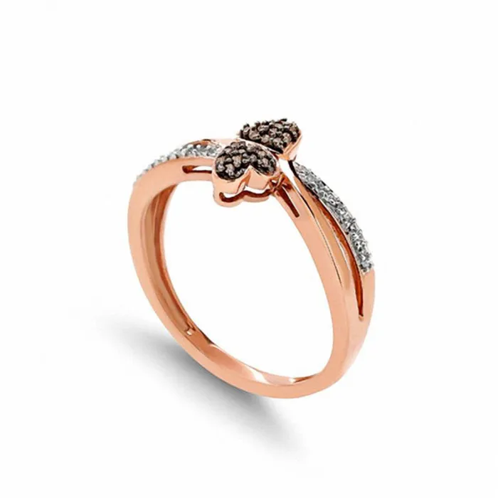 010 CT TW Champagne and White Natural Diamond Double Heart Bypass Ring in Solid 10K Rose Gold Goldia Rings 010 CT TW Champagne and White Natural Diamond Double Heart Bypass Ring in Solid 10K Rose Gold Goldia Rings