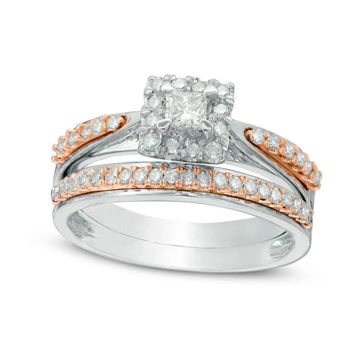 050 CT TW PrincessCut Natural Diamond Frame Bridal Engagement Ring Set in Solid 10K TwoTone Gold Goldia Rings