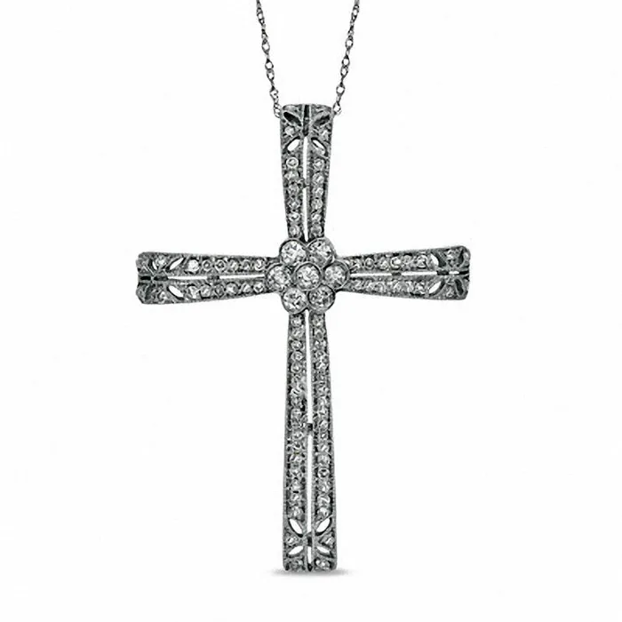 063 CT TW Natural Diamond Antique VintageStyle Cross Pendant in 10K White Gold Goldia Necklaces