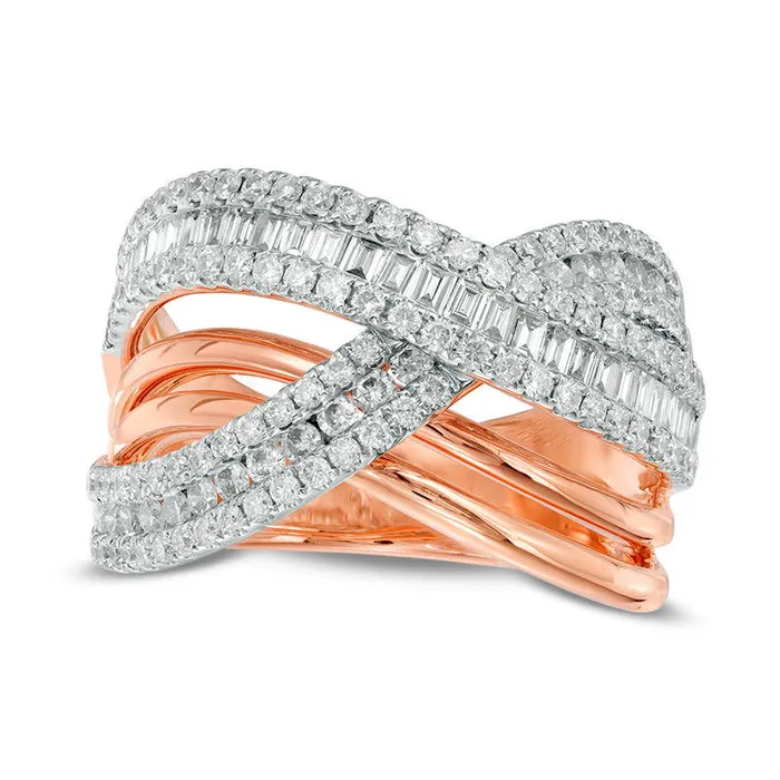 133 CT TW Baguette and Round Natural Diamond Layered Crossover Ring in Solid 14K TwoTone Gold Goldia Rings 133 CT TW Baguette and Round Natural Diamond Layered Crossover Ring in Solid 14K TwoTone Gold Goldia Rings