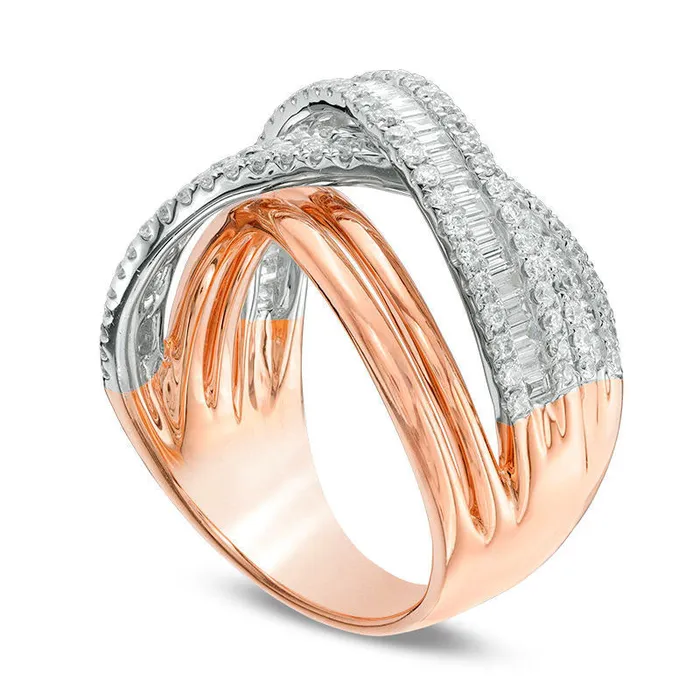 133 CT TW Baguette and Round Natural Diamond Layered Crossover Ring in Solid 14K TwoTone Gold Goldia Rings 133 CT TW Baguette and Round Natural Diamond Layered Crossover Ring in Solid 14K TwoTone Gold Goldia Rings