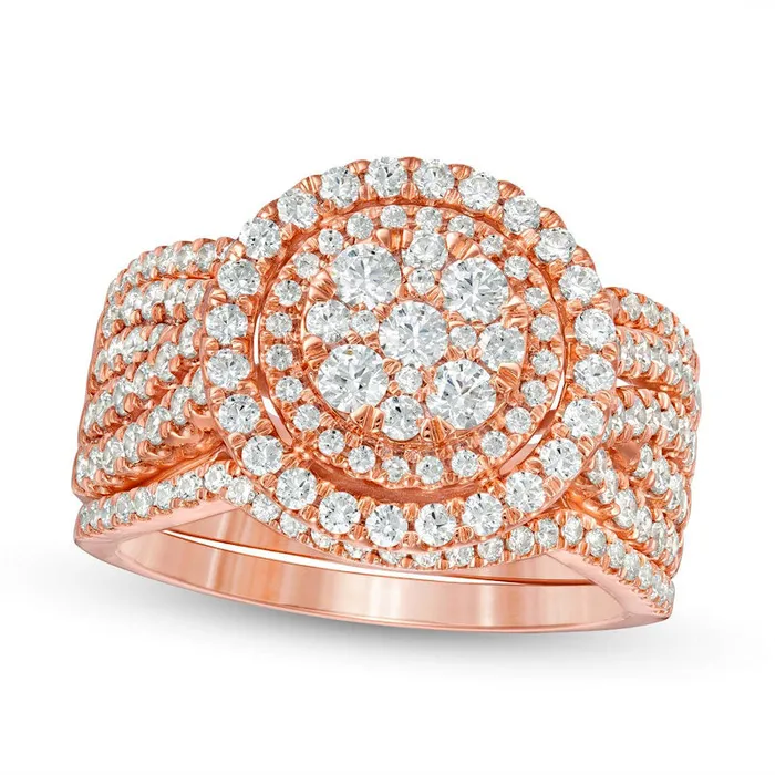 15 CT TW Composite Natural Diamond Double Frame MultiRow Three Piece Bridal Engagement Ring Set in Solid 10K Rose Gold Goldia Rings