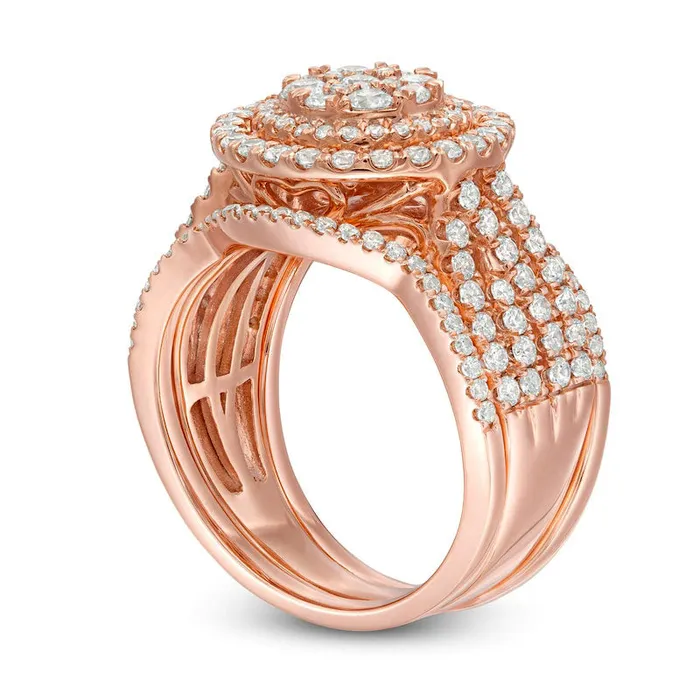 15 CT TW Composite Natural Diamond Double Frame MultiRow Three Piece Bridal Engagement Ring Set in Solid 10K Rose Gold Goldia Rings 15 CT TW Composite Natural Diamond Double Frame MultiRow Three Piece Bridal Engagement Ring Set in Solid 10K Rose Gold Goldia Rings