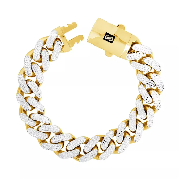 10k Yellow Gold 15mm Monaco Miami Cuban Diamond Cut Pave Chain Bracelet 85 Goldiacom Bracelets