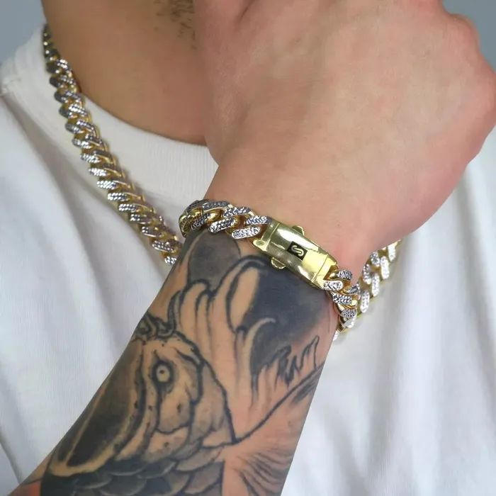 10k Yellow Gold 15mm Monaco Miami Cuban Diamond Cut Pave Chain Bracelet 85 Goldiacom Bracelets
