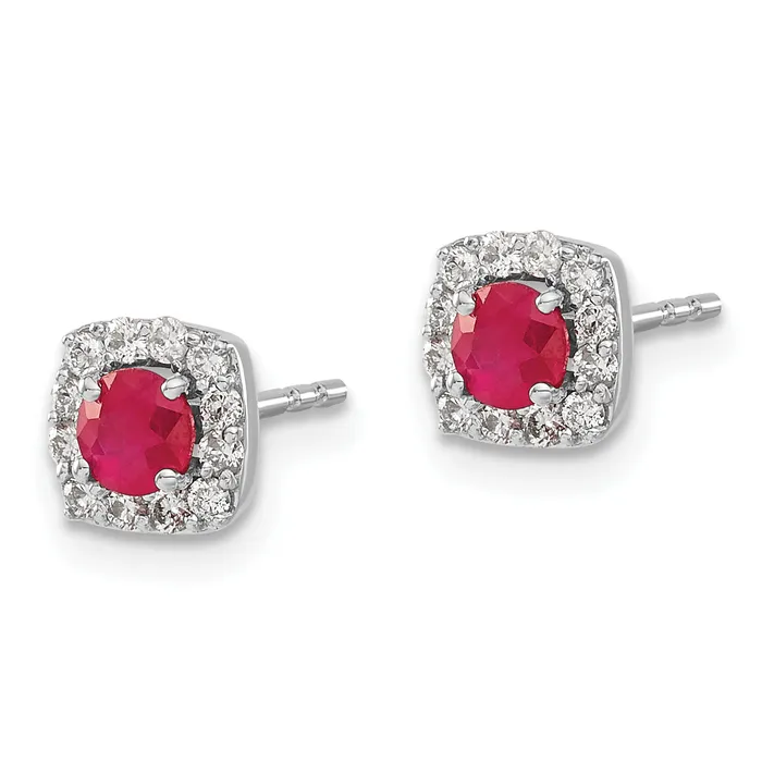 14k White Gold 15 Ct Lab Grown Diamond VSSI G and Created Ruby Square Halo Post Earrings Goldia Earrings