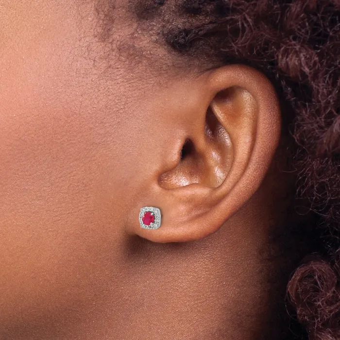 14k White Gold 15 Ct Lab Grown Diamond VSSI G and Created Ruby Square Halo Post Earrings Goldia Earrings