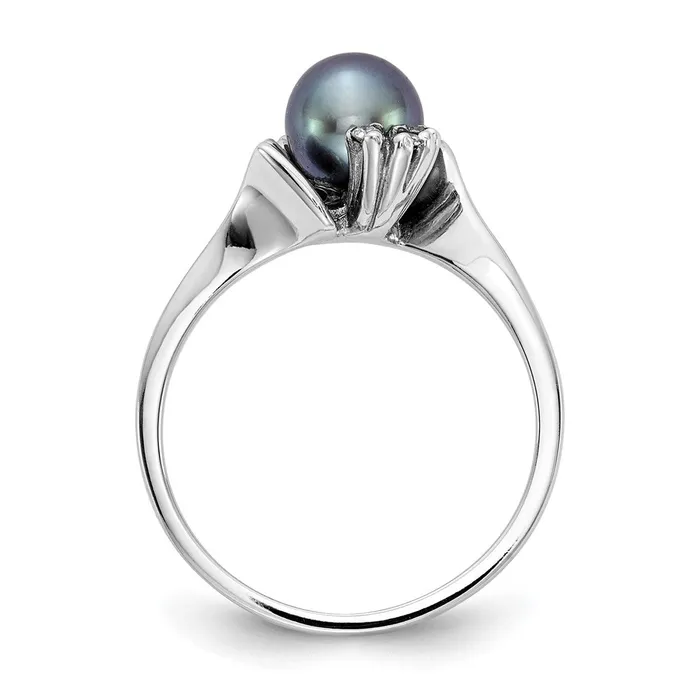 14k White Gold 6mm Black FW Cultured Pearl AAA Real Diamond ring Goldiacom Rings
