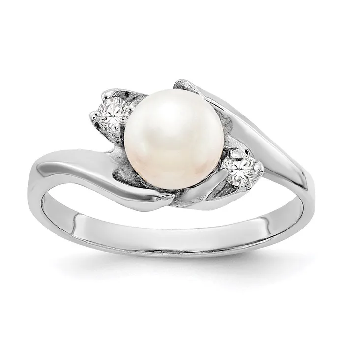 14k White Gold 6mm FW Cultured Pearl A Real Diamond ring Goldia Rings