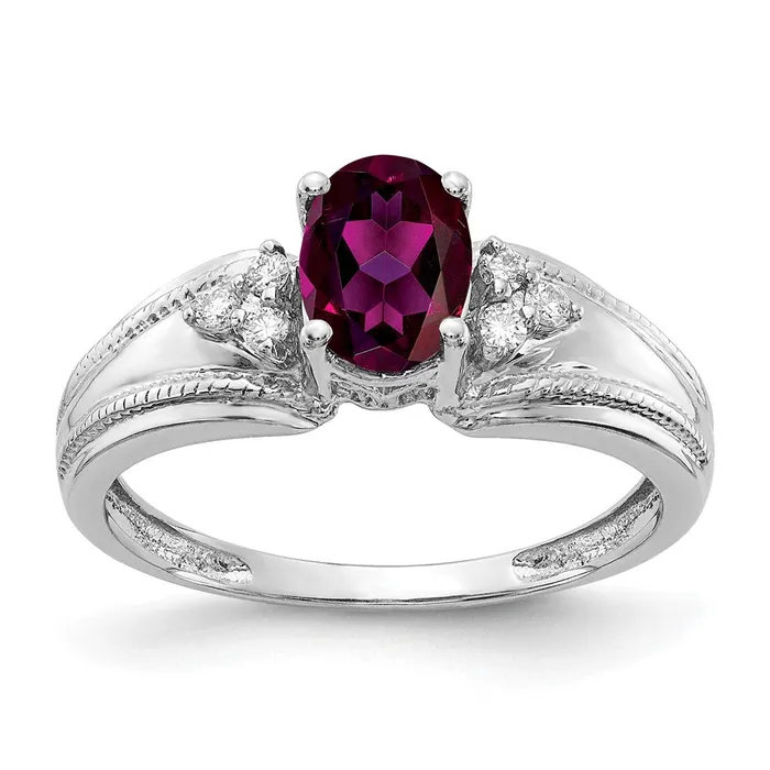14k White Gold 7x5mm Oval Rhodolite Garnet AA Diamond ring Goldia Rings
