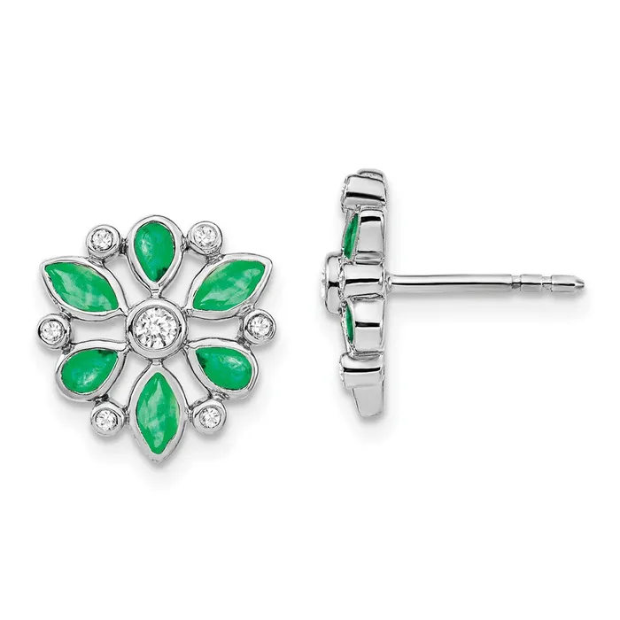 14k White Gold Emerald and Real Diamond Post Earrings Goldia Earrings