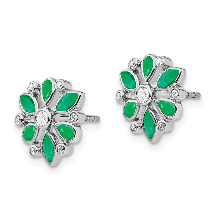 14k White Gold Emerald and Real Diamond Post Earrings Goldia Earrings