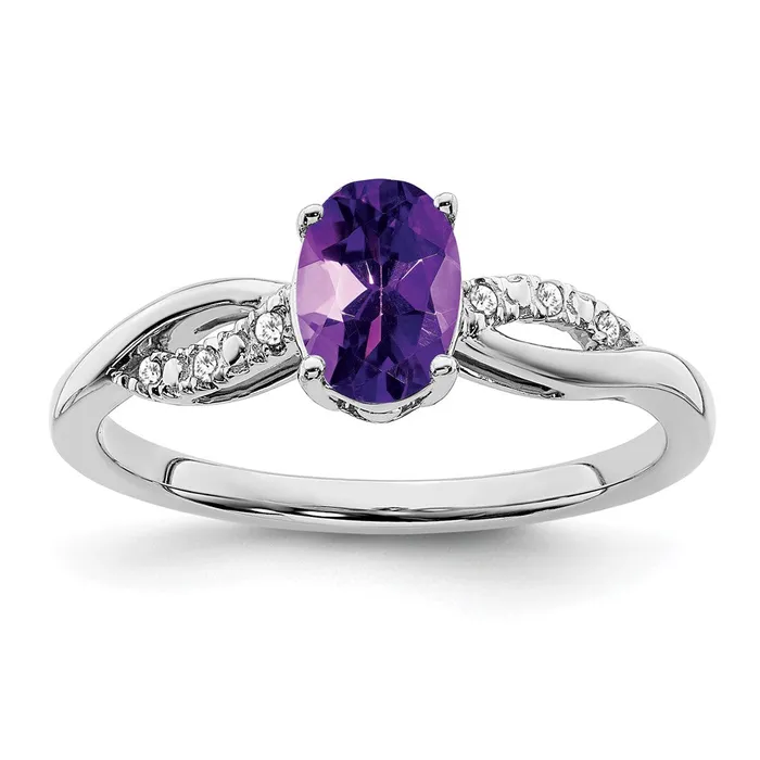 14k White Gold Oval Amethyst and Real Diamond Ring Goldia Rings