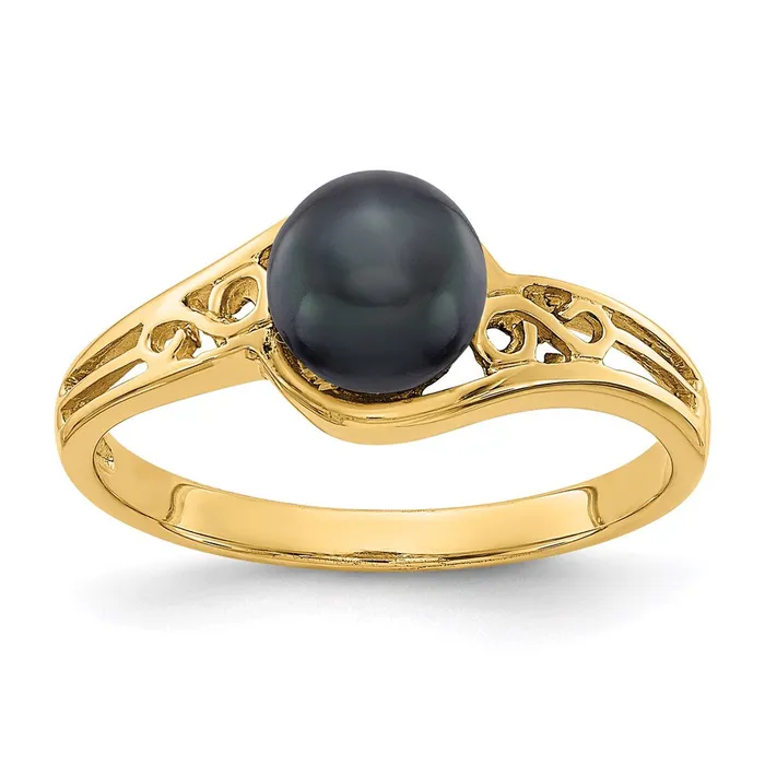 14K Yellow Gold 6mm Black FW Cultured Pearl ring Goldia Rings