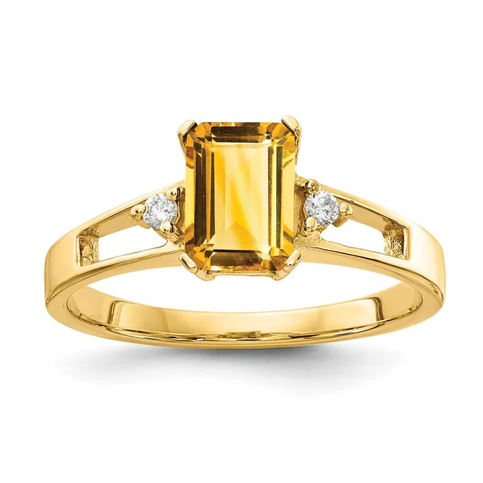 14k Yellow Gold 7x5mm Emerald Cut Citrine AA Diamond ring Goldia Rings