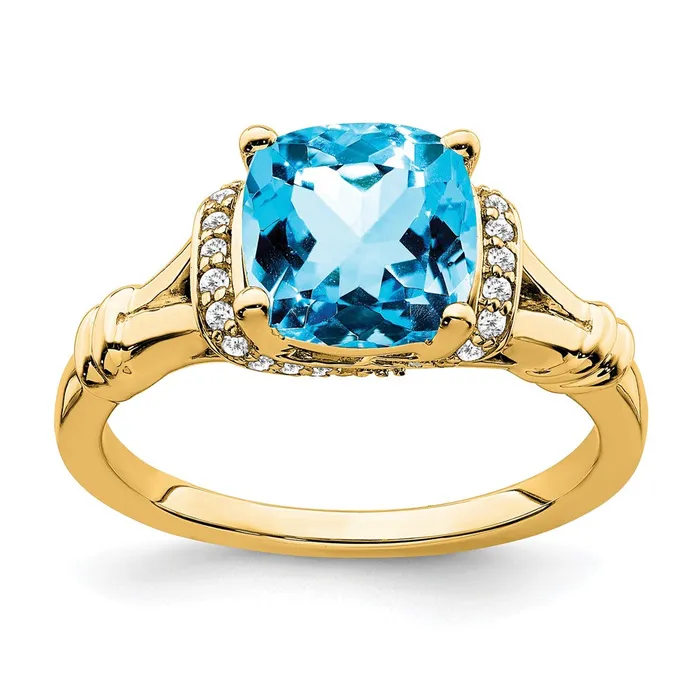 14K Yellow Gold Blue Topaz and Real Diamond Ring Goldia Rings