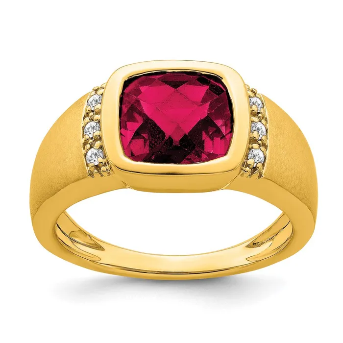14K Yellow Gold Created Ruby and Real Diamond Mens Ring Goldia Rings 14K Yellow Gold Created Ruby and Real Diamond Mens Ring Goldia Rings